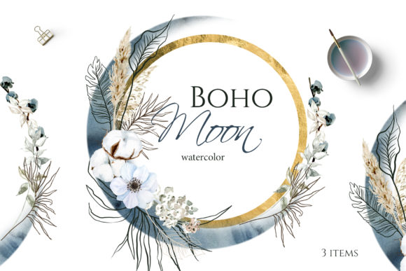 Download Boho Round Floral Frame with Blue Moon - Frame Collection