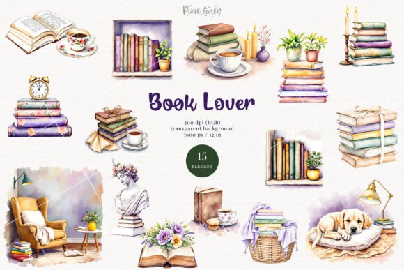Download Watercolor Book Lover Elements, Bookworm - Love Collection